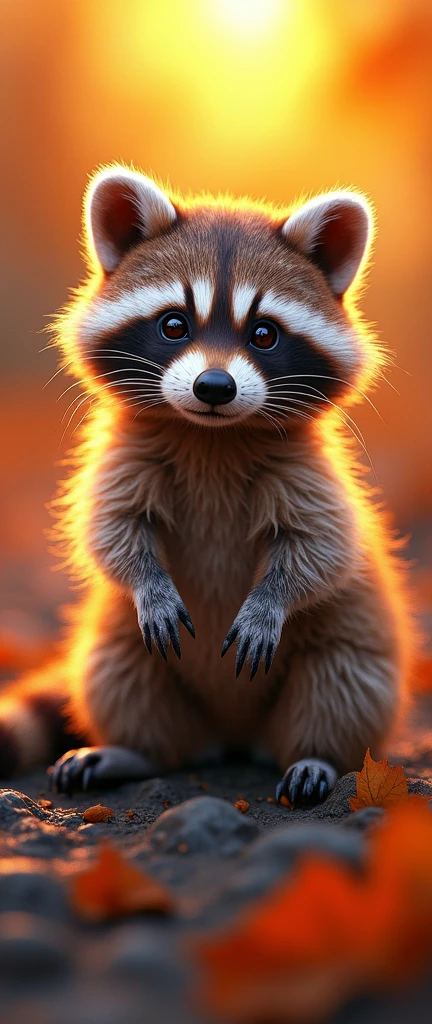 A captivating and vibrant digital art piece showcasing a racoon paw print transformed into an intricate close-up of a cute extra fluffy baby realistic raccoon stunning coat features delicate soft light gray spots on its paws and the left side of its snout. The ridges of the paw print form the foundation of a mesmerizing scene, depicting a proud bathed in the tender glow of the rising sun. The striking autumn color palette, with shades of orange, yellow, and red, infuses the scene with vibrant energy., photo, 3d render, conceptual art