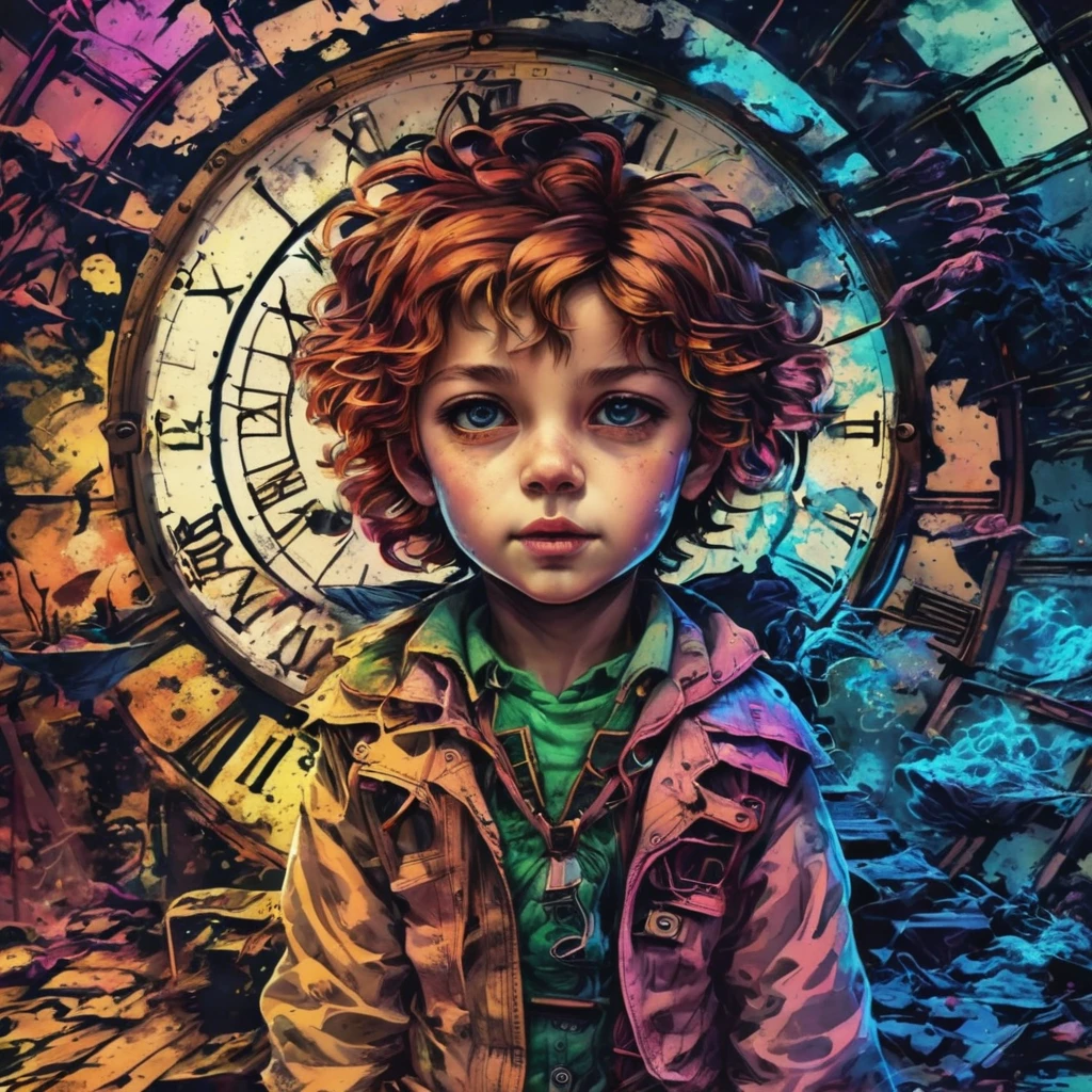 time traveler,Existence beyond time and space、 here, e futuro.、fine arts、frightful、beautiful face、beautiful posture、lindos cabelos longos fullcolors、Depth of subject、detailed portrayal、tabletop、(flat-colors:1.3)、(fullcolor:1.8)、