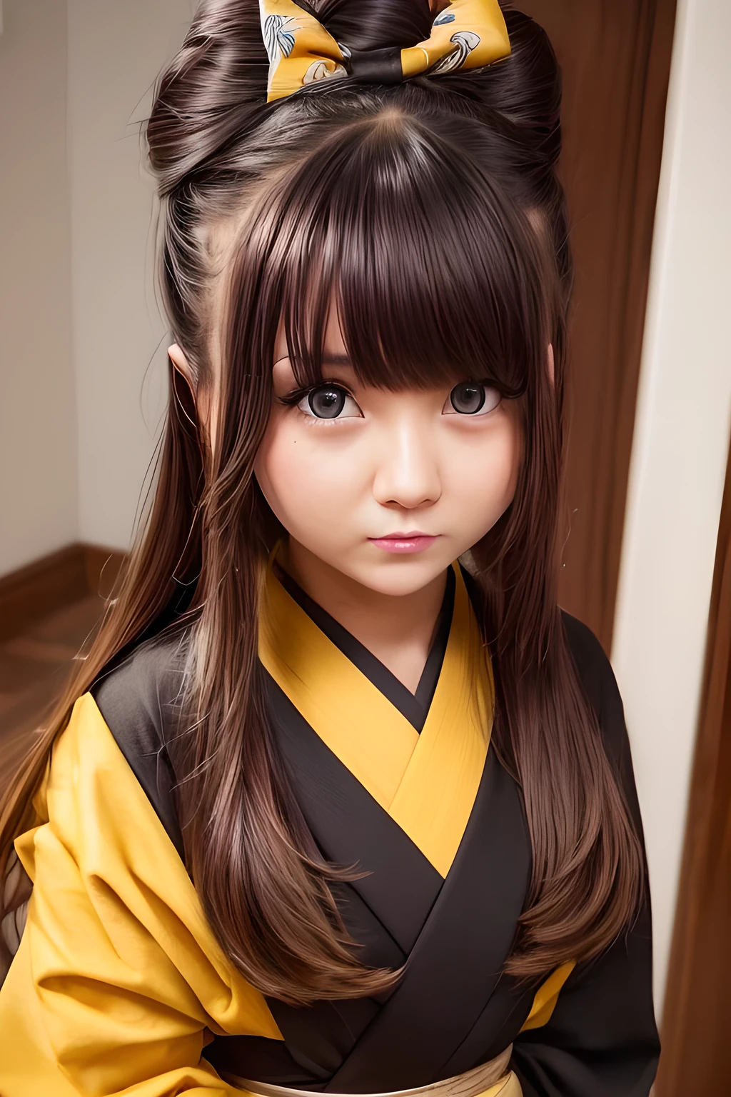 (Masterpice: 1.1), ((very detailed face)), ((very detailed eyes and face)), beautiful detail eyes, body parts__, super detailed, (best quality: 1.1), super fine photo, (realistic, photorealustic : 1.2), full body portrait, 1girl, solo, girl, very young girl looking_at_viewer, blush, smile, short_hair, open_mouth, bangs, brown_hair, black_hair, hair_ornament, bow, yellow_eyes, :d, hair bow, hairband, japanese_clothes, indoors, blunt_bangs, kimono, sash, window, obi, wooden_floor, red_hairband, black_kimono, pale_skin, realistic skin details, natural lightning, clear focus, 16k