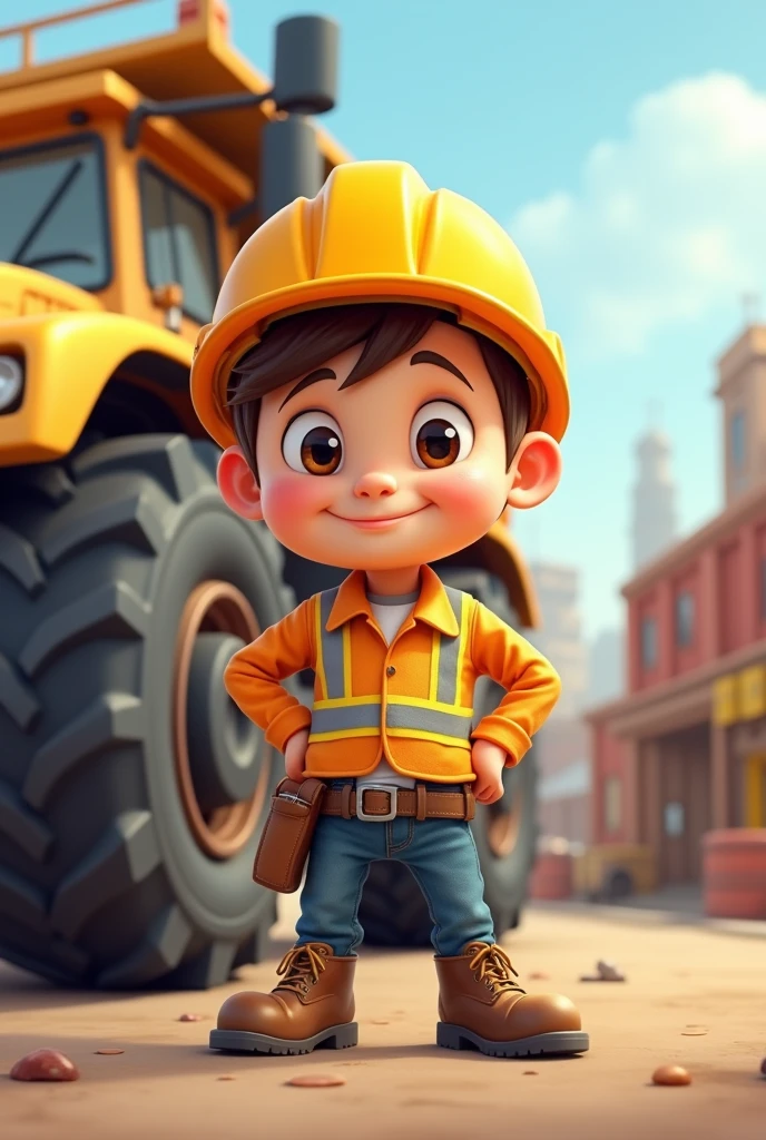 Draw a cute picture of a little man with his hands on his hips wearing safety equipment at work next to a truck