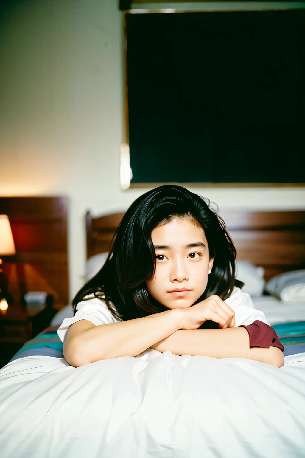 (masterpiece), (Highest quality), Film Photography, Modest, dark in tone, One person, Portraiture, Messy Hair, the wind is strong, Film Grain, in the her bed room,