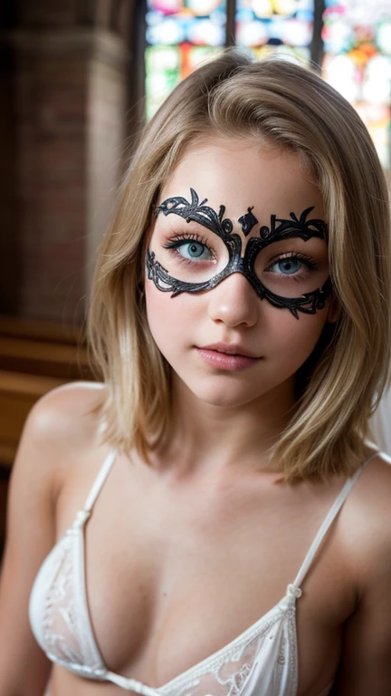 ((Ultra Detail)), Beautiful Art, (((18 yo blonde girl . Full lips. Eyes wide))). ((Very short hair)), high details, best quality, high school uniform, micro bikini, Garter RingWedding in an old church, string bikini,(woman in a masquerade ,elegant venetian mask,intricate costume,beautiful detailed eyes,beautiful detailed lips,extremely detailed face,highly detailed mask),