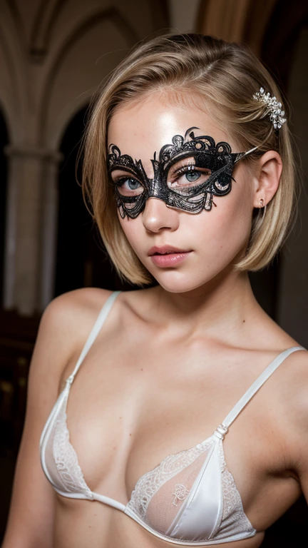 ((Ultra Detail)), Beautiful Art, (((18 yo blonde teen girl . Full lips. Eyes wide))). ((Very short hair)), high details, best quality, high school uniform, micro bikini, Garter RingWedding in an old church, string bikini,(woman in a masquerade ,elegant venetian mask,intricate costume,beautiful detailed eyes,beautiful detailed lips,extremely detailed face,highly detailed mask),