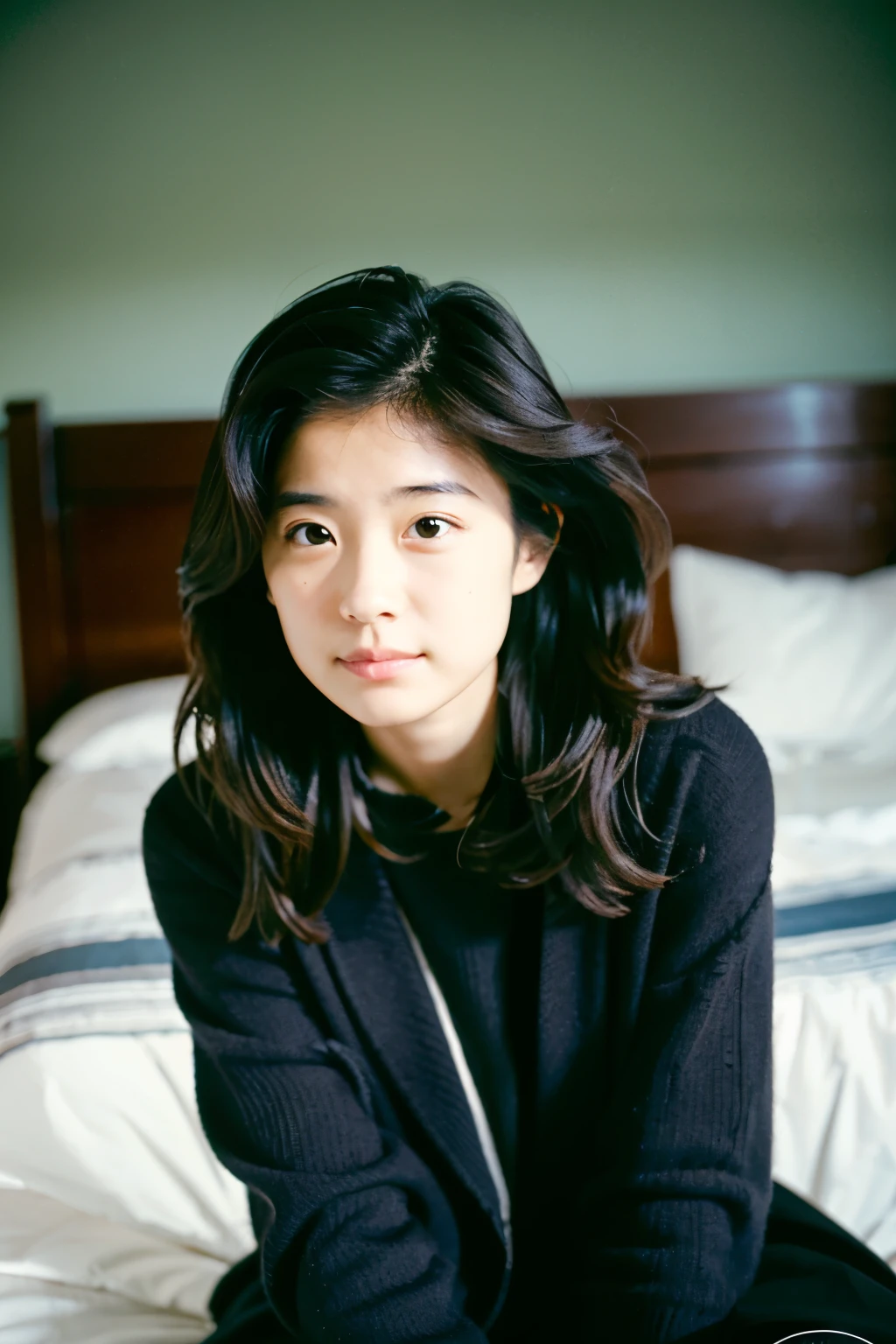 (masterpiece), (Highest quality), Film Photography, Modest, dark in tone, One person, Portraiture, Messy Hair, the wind is strong, Film Grain, in the her bed room,