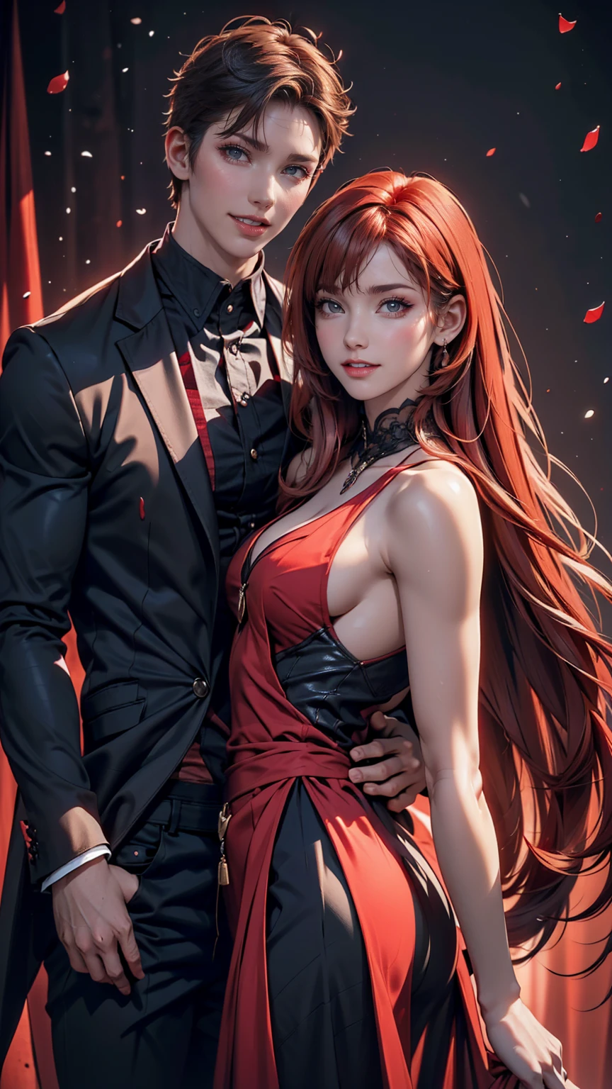 1woman and 1man, brunette long hair and red eyes, sexy body and big breast, wearing a sexy red dress, 1MAN with Spiky black Hair and red eyes in a sexy suit, ultrasharp, looking at the viewer, ((best quality)), ((masterpiece)), (detailed), couple hugging,