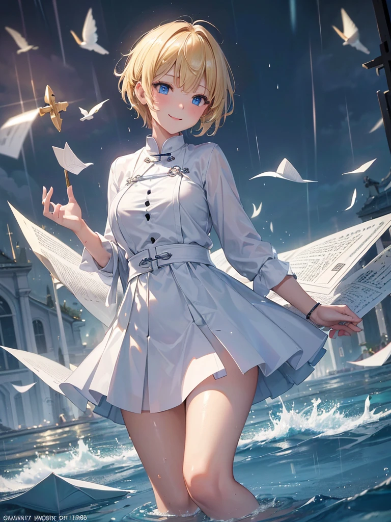 (16K,Ultra-high resolution,Highest quality,masterpiece,Super detailed,Perfect lighting),The Sacrament of First Love,Blonde Short Hair,White shirt,church,Time Leap,Repeat the same fate,night,Cultivating Taoism,Smiling at the audience,Blue Eyes,Anatomically correct body,rain,Flooded rivers,paper airplane