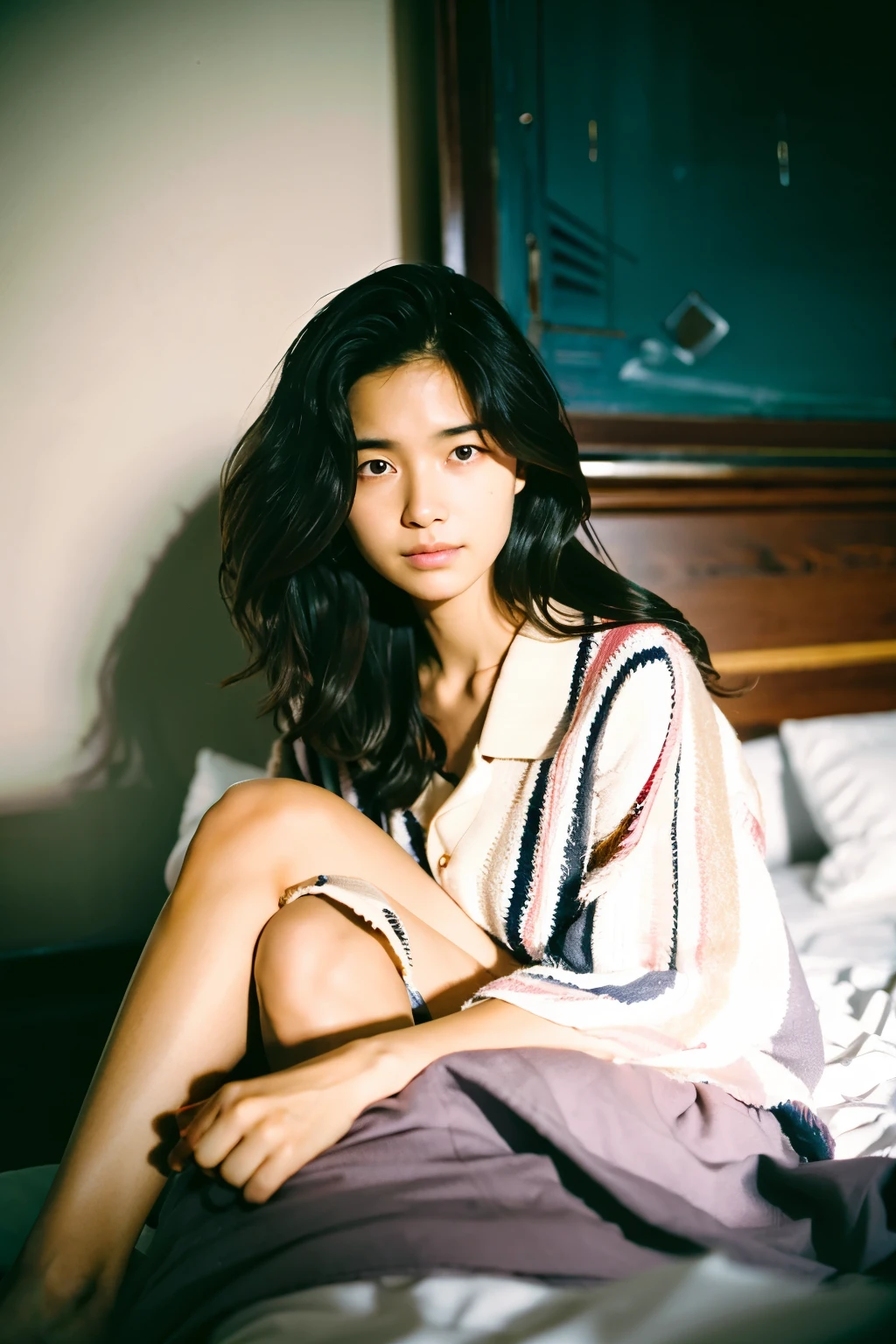(masterpiece), (Highest quality), Film Photography, Modest, dark in tone, One person, Portraiture, Messy Hair, the wind is strong, Film Grain, in the her bed room,