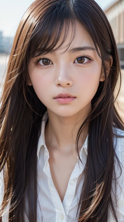 (Perfect Anatomy:1.2)(Absurd, High resolution, Super detailed),masterpiece,Highest quality,High resolution,8k,Realistic Face,Realistic skin texture,Expanded Texture, ,Amazing clarity,high school girl,Cowboy Shot,View the viewer、blush、Angle from below、Background is sky、((Looking down at the ground from above))、Hair blowing in the wind，amount、looking at the camera