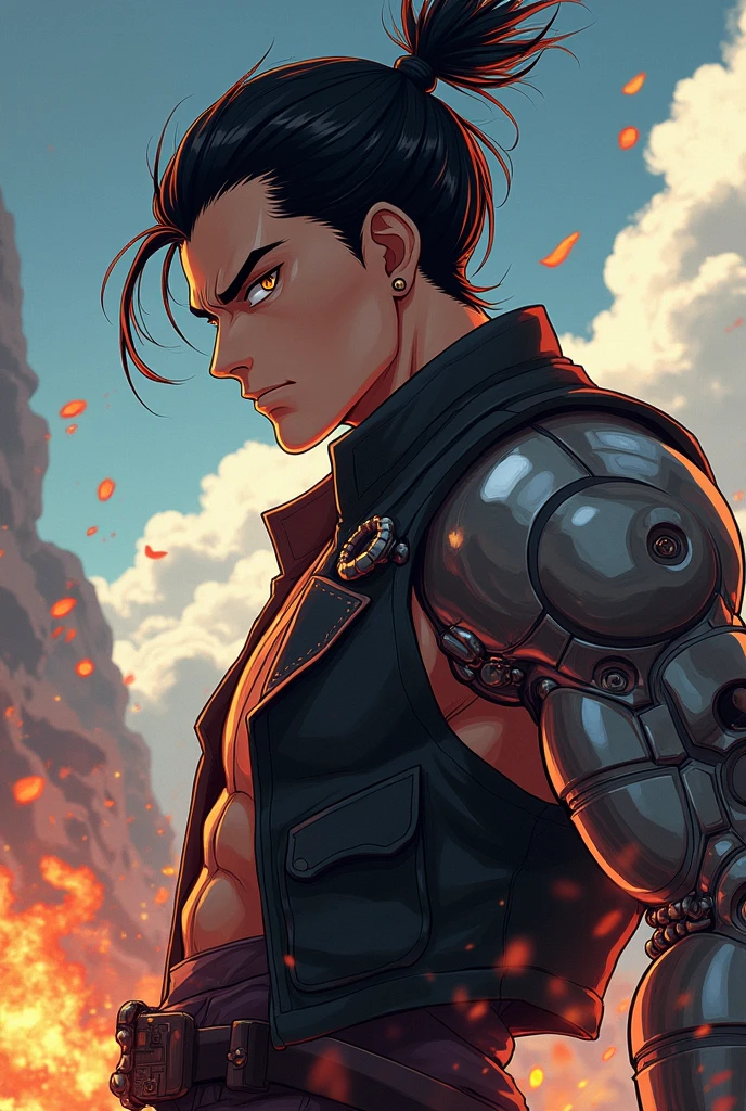 male character, black hair samurai bun, yellow eyes. Right arm covered in iron, biker vest. strong character. anime dash