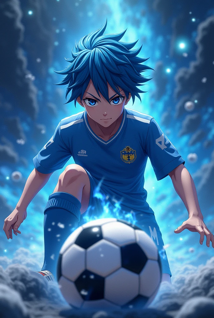 Make hyper realistic the blue locks main character playing football in nebula. Try to copy the face of the character direct from the anime blue lock. Make the eyes hollow black and white