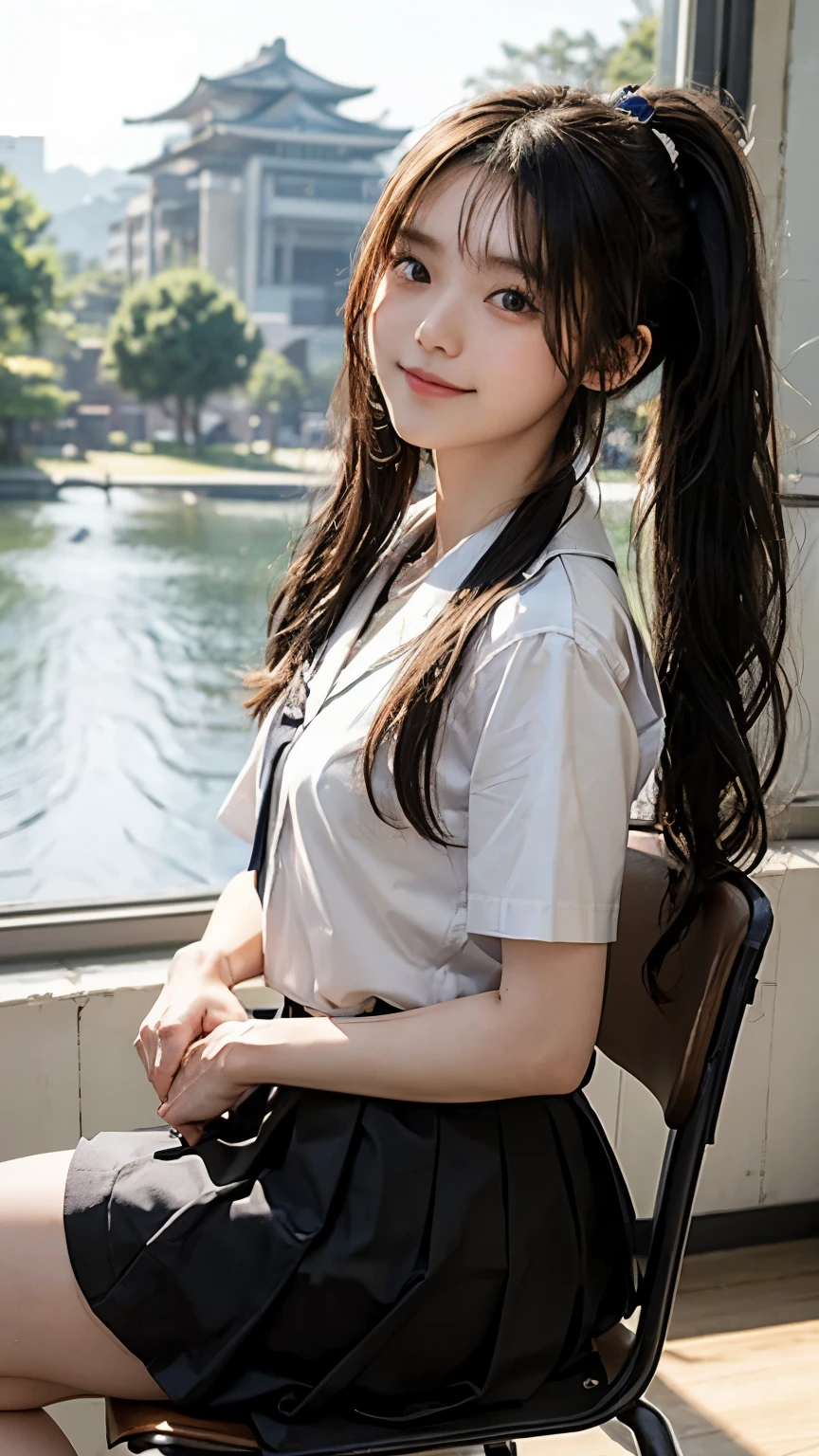 Top quality, 8k. Masterpiece, Ultra High Resolution, (Photorealistic: 1.4),Japanese、high school girl、16age、Side Ponytail、Black Hair、Spiteful smile、Summer school uniform、slender、small breasts、Medium ass、from side、School classroom、Sitting on a chair、Poke the cheek cane、
