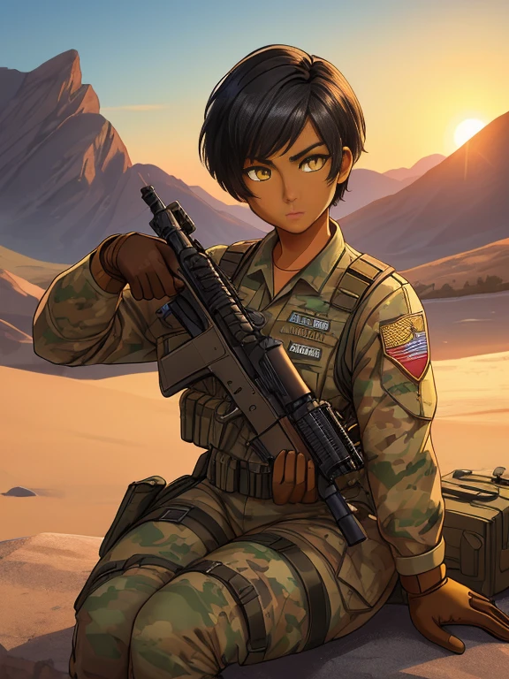 (26 year old:1.3), (tanned bronze skin:1.4), (Yellow colored eyes:1.4), (Short Black Hair:1.3), (Wearing: USA marine corps uniform, camouflage military uniform, armor and gloves), army girl, soldier girl, infantry girl, (sunset :1.2),(Sitting with hands holding a rifle:1), (Calm expression), looking at viewer, color connection, colorized, vibrant color scheme, colorful, spot color, cinematography, hyperdetailed, beautiful face, 4k, HD, artstation trending on artstation,
