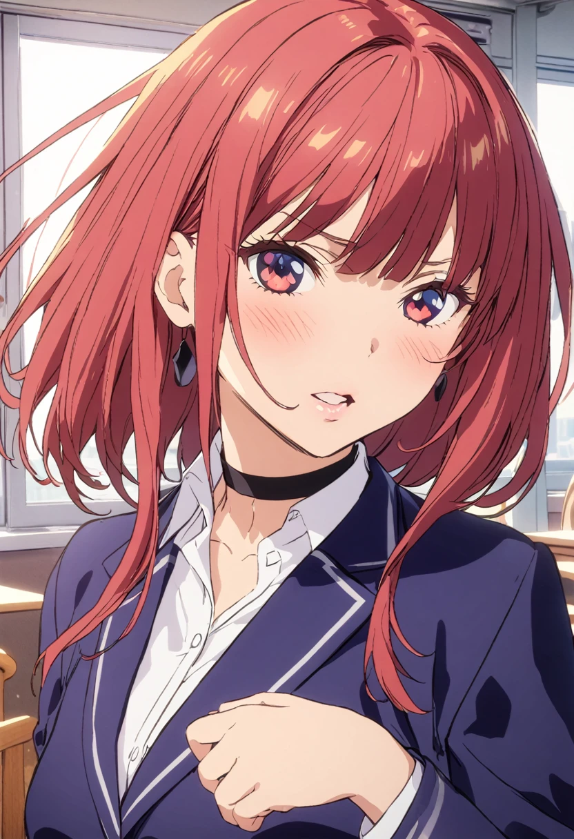 (Highest quality, 4K, 8k, High resolution, masterpiece:1.2), Very detailed, Picturesque, Animated Photography, Photo Animation:1.37)、Japanese schoolgirl、(brown Hair)、(ミディアムロングヘア)、uniform、White shirt、Yellow-green checkered skirt、Navy blue jacket、Black choker、classroom、Nakano Nino