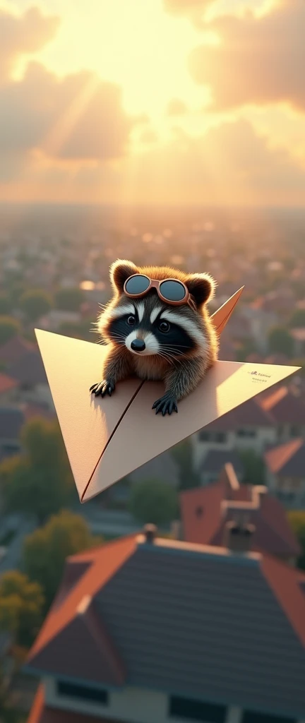 A captivating hyper-realistic photograph of a MINIMALISTIC cute extra fluffy baby realistic raccoon , wearing a pilot uniform and goggles, riding over a beautiful neighborhood in a paper airplane. The RACOON is focused on flying the intricately designed plane, which has a tail that reads "aMERICAN aIRLINES" in small text. The over-the-shoulder view emphasizes the drama and awe-inspiring atmosphere, with sun rays piercing through the clouds and illuminating the vibrant scene. The background is softly blurred, drawing attention to the RACOON and plane, while the blending of light and shadow adds depth to the image. This cinematic and immersive photograph is a stunning and unforgettable visual experience, showcasing the artist's conceptual skills., 3d render, photo, conceptual art