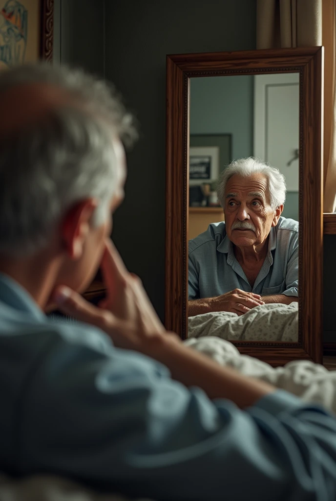 An image of an elderly man watching his daughter and son-in-law(22 year olds)that are on the couch, while they were in the room,from the mirror, and the gentleman was lying in his bed