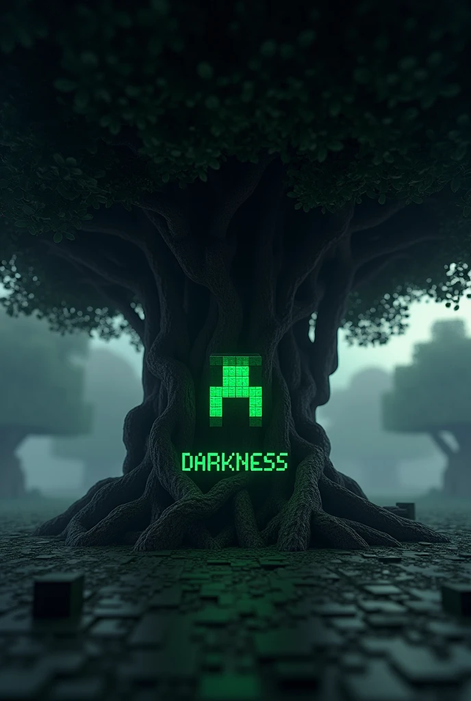 Minecraft logo with some dark effect and Under a minecraft tree there will be a text 'darkness'