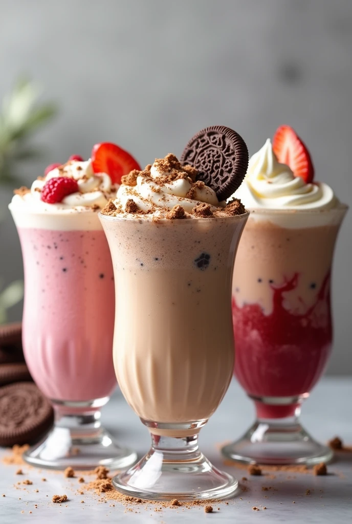 Create a chocolate milkshake menu with plastic transparent cups with a variety of flavours from cookies and cream vanilla strawberry banana mango