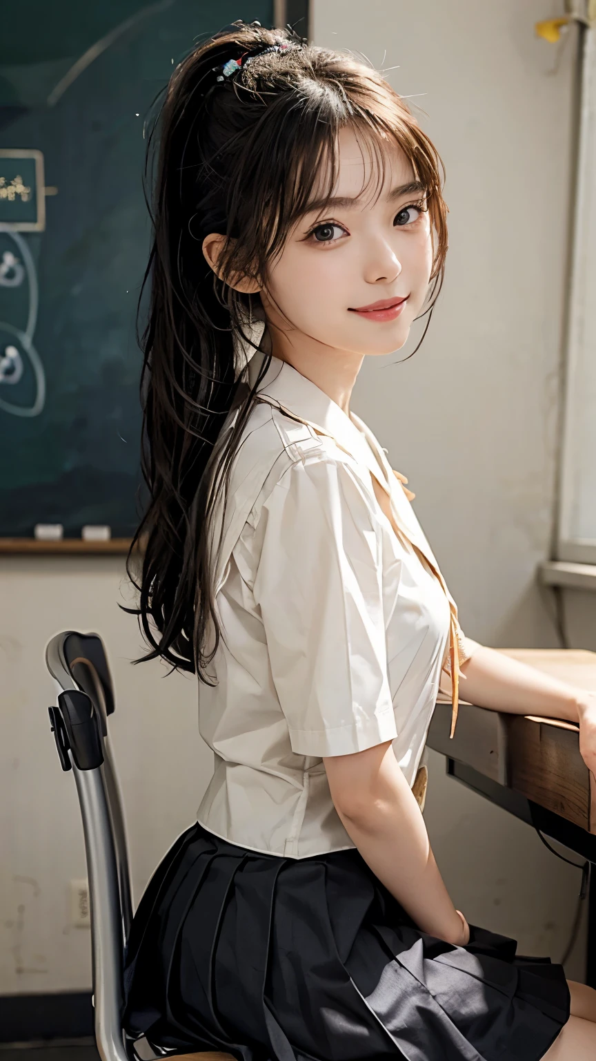 Top quality, 8k. Masterpiece, Ultra High Resolution, (Photorealistic: 1.4),Japanese、high school girl、16age、Side Ponytail、Black Hair、Spiteful smile、Summer school uniform、slender、small breasts、Medium ass、from side、School classroom、Sitting on a chair、Poke the cheek cane、