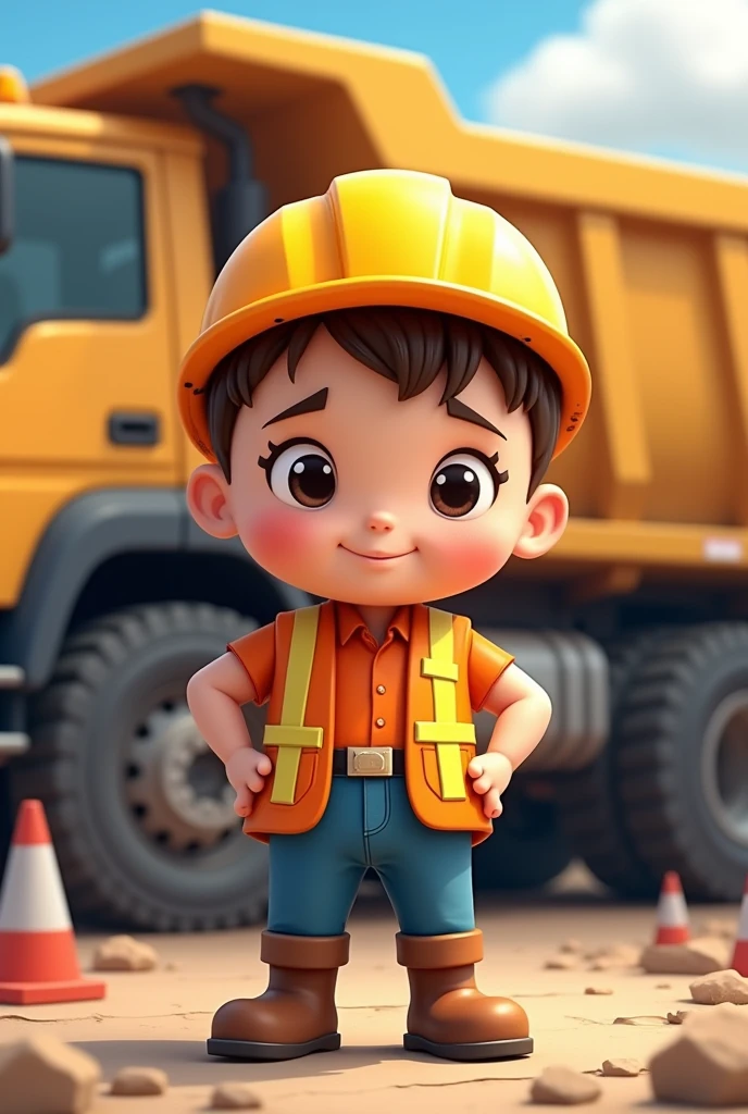 Draw a cute picture of a little man with his hands on his hips wearing safety equipment at work next to a truck 