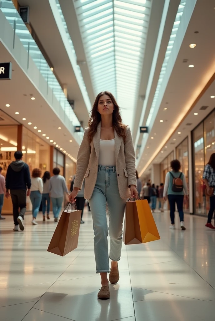 Wide shot showing Rebecca walking through the mall, with bags in their hands, I need the image to be in horizontal format