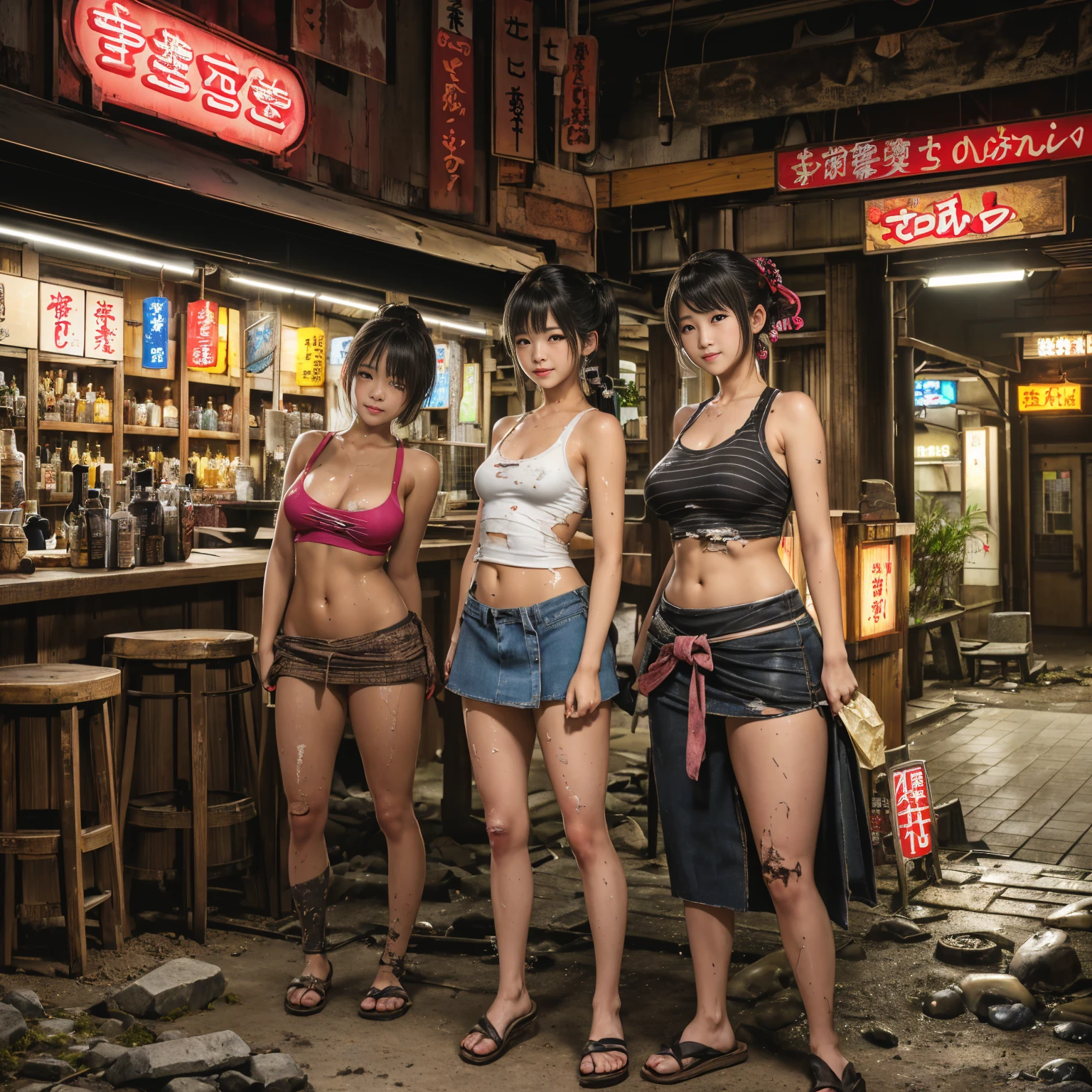 ((masterpiece、Highest quality))、Beautiful girls gather.、Three girls in summer clothes、((Showa Retro:1.2、Hot Spring Town、Indoor hot spring facilities))、(Detailed and cute face:1.3、Tank top、mini skirt)、(Poor conditions、smile、Japan's poor neighborhoods、Dim and unsanitary、Standing Bar、みんなで楽しくdiet、Crumbling underground shopping mall:1.3)、屋台のdiet店、stage、sewage、Dirty shop、street vendors、Unsanitary and abandoned city、smile、diet、Poor person々