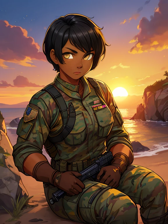 (26 year old:1.3), (tanned bronze skin:1.4), (Yellow colored eyes:1.4), (Short Black Hair:1.3), (Wearing: USA marine corps uniform, camouflage military uniform, armor and gloves), army girl, soldier girl, infantry girl, (sunset :1.2),(Sitting with hands holding a rifle:1), (Calm expression), looking at viewer, color connection, colorized, vibrant color scheme, colorful, spot color, cinematography, hyperdetailed, beautiful face, 4k, HD, artstation trending on artstation,
