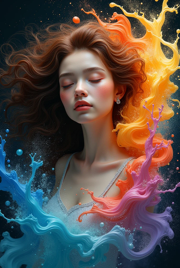 (hiperrealism:1.2), Expressing the flow of ink dancing in the wind.,Effects of water,colorful water,Goddess:governing the arts:Manipulate water:rich hair:sleeping:perfect face:beautiful::healthy,young,curly hair,Golden skin,ink splash,sparkling,bright colors,light reflection,Rich colors,abstract,3D,8k,High resolution,masterpiece,high quality,Detailed details,Rainbow colors,Laugh mischievously,complicated,design,funny,bright colors,splash of water,I invite you to the world of art,marvelous,dark background
