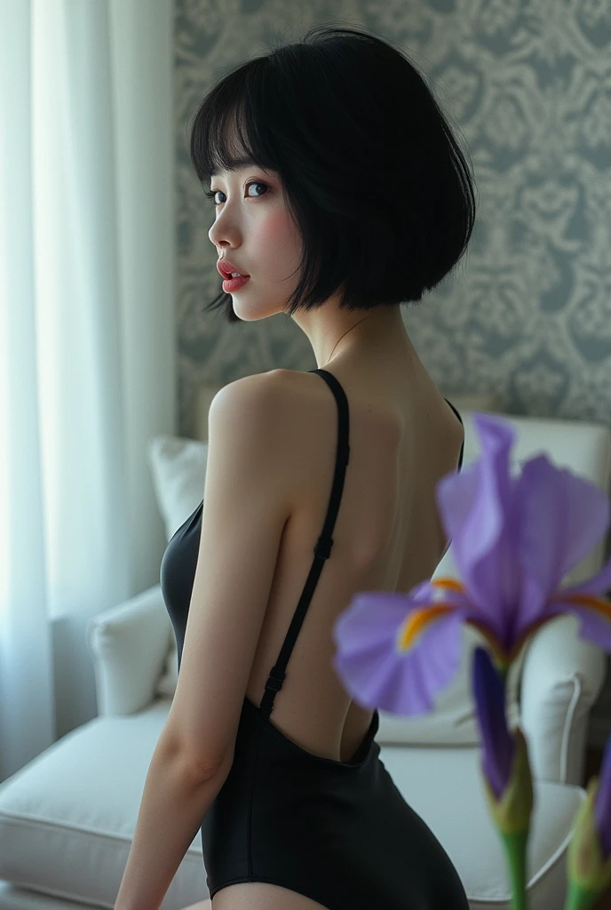 editorial photography,Super detailed background,Surreal,double exposure,Depth of Field,beauty super slender Skinny Korean vibes,soft focus black,narrative scene,Skinny,Super short straight black hairstyle,knee portrait,Lilac eyes,Iris flower,pupil,Lean on stylish room scandinavian wallpaper,wabi-sabi,latex cat suit,mole,open lips,from behind,