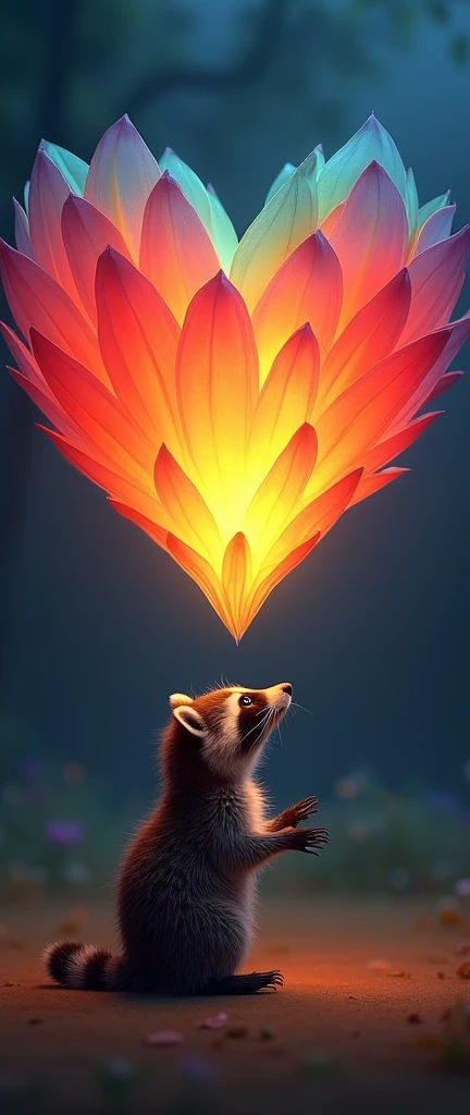 captivating photograph of a cute extra fluffy baby realistic raccoon At the bottom of the photograph
A vibrant, intricate heart-shaped formation seen from the side made up of layered, translucent and colorful petals or feathers. These petals or feathers radiate outward in a gradient of colors, going from deep blues and greens at the top to bright yellows, reds, and purples at the bottom. The heart shape is illuminated from within, casting a soft glow that contrasts with the dark background. The entire composition is placed on a gradient background, going from a deep blue at the top to a warm amber tone at the bottom. 16K, HD., photo, 3d render, conceptual art