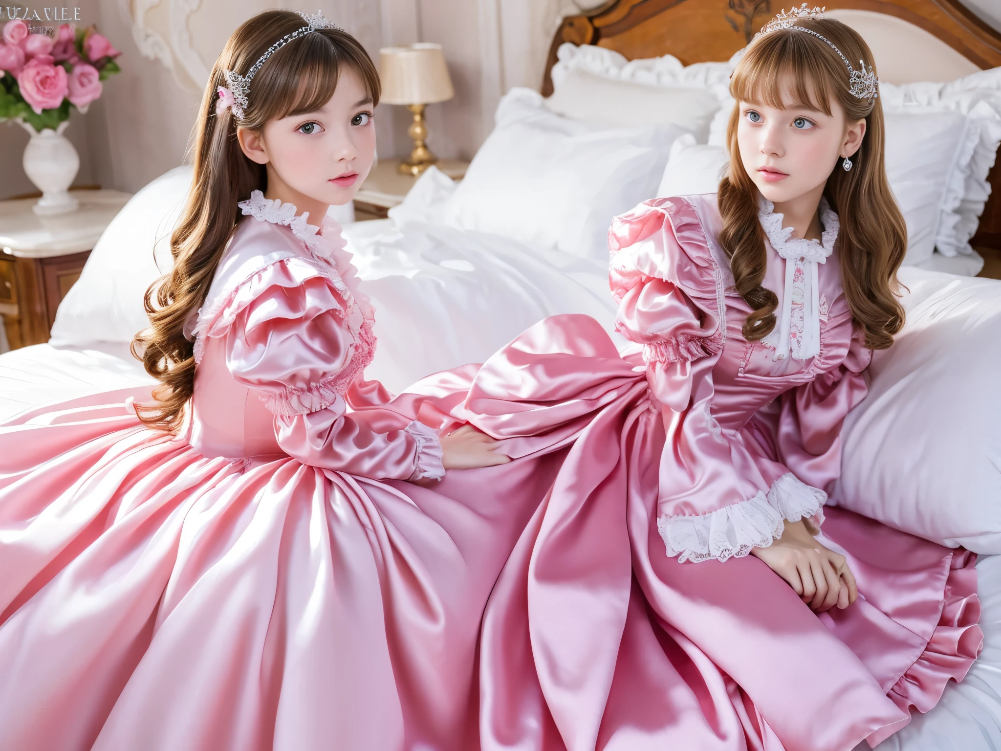,highest quality, masterpiece, highest resolution, artwork, super それにget used to it, many get used to it, get used to it, それにget used to it, 3k realistic pictures,,((10 year old s)),Ultra-detailed juvenile face,three are princesses,full length ball gown dress with hoop skirt,ruffled yoke collar,puff sleeves,long sleeve,((Lolita stylt pink detailed princess satin dress with lots of ruffles and ribbons)),Rococo style lolita fashion,y satin dress,Soft and smooth fabric,luxury,long blonde hair,blue eyes,white skin european,Pajama,((in the bedroom)),luxury princess canopy frilled bed,super detailed silk satin bed,lot of frilled pilliwslying on the bed,High-quality background,