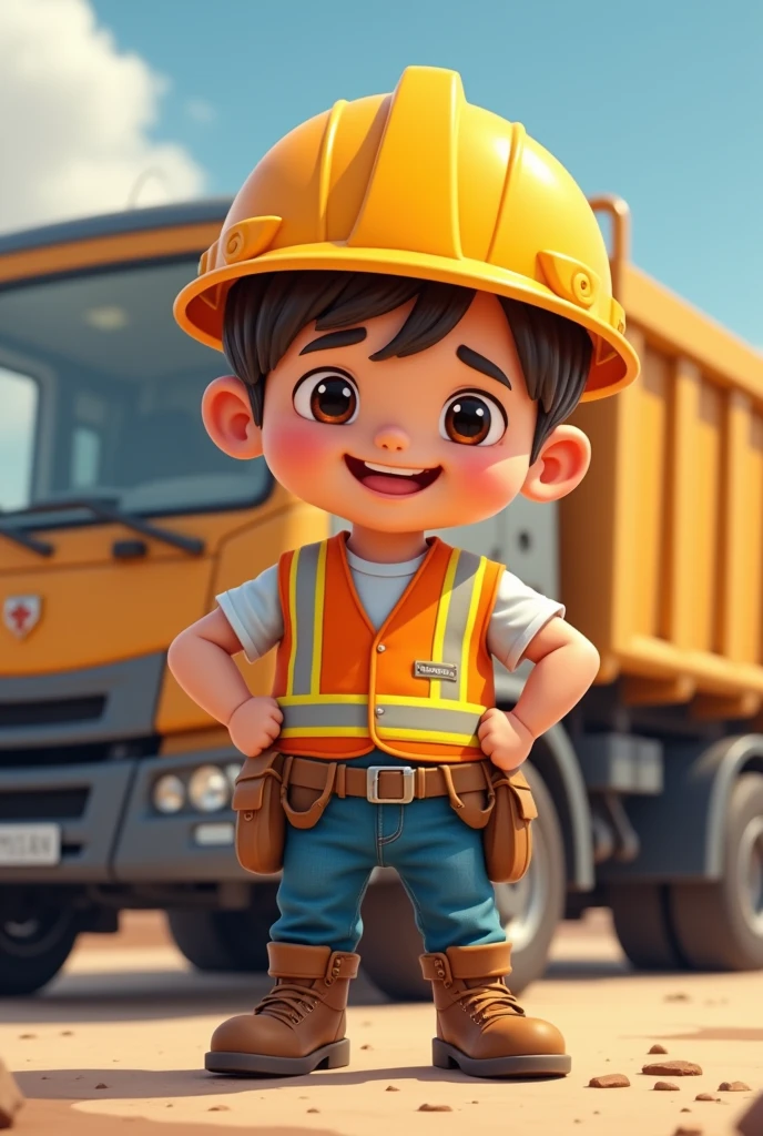 Draw a cute picture of a little man with his hands on his hips wearing safety equipment at work next to a truck