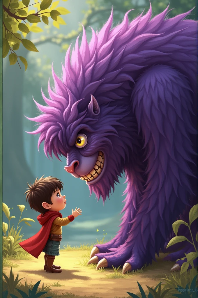 The little hero is very nice to the purple hairy monster