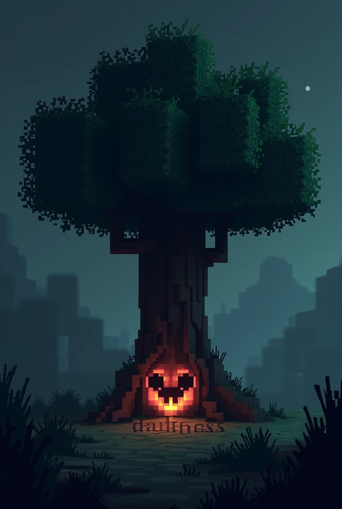 A 2d Minecraft logo with some dark effect and Under a minecraft tree there will be a text 'darkness'