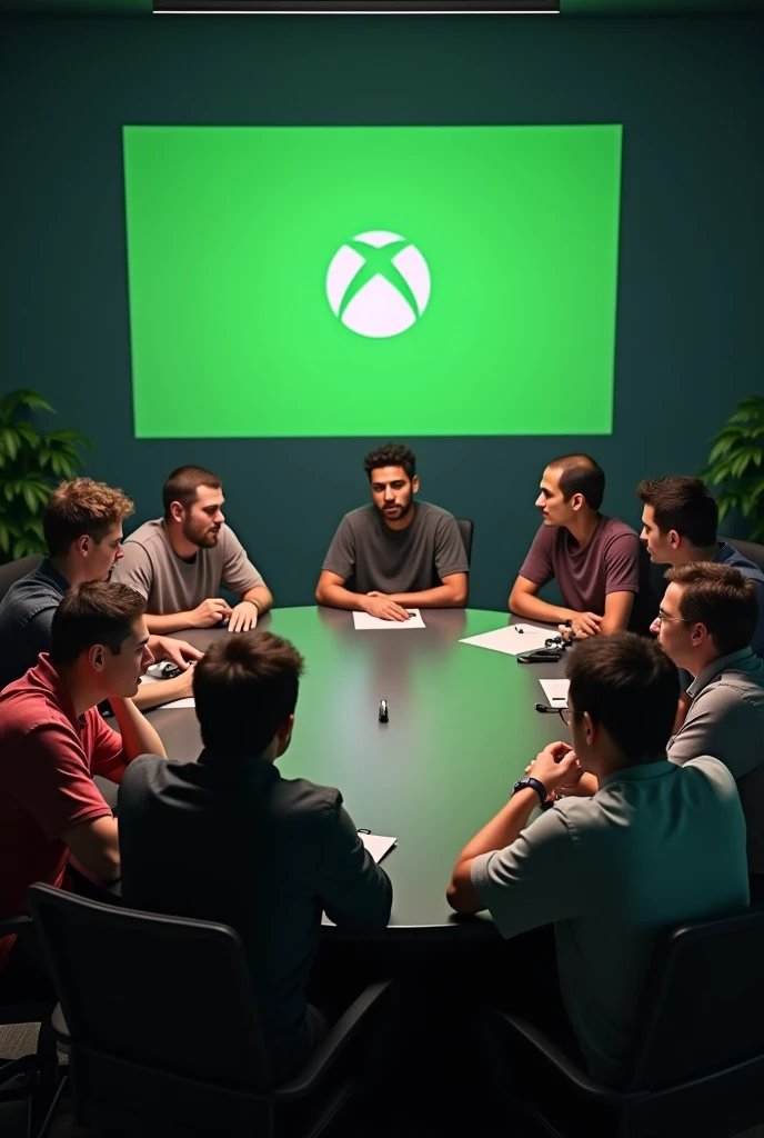 A photo-realistic, 8K, professional-quality image of a diverse group of 20 to 40-year-old gamers engaged in a serious roundtable discussion about Xbox. The mood is tense but civil, reflecting frustration and concern. The setting is a modern room with a large round table at the center, and on the wall, there's a clear projection of the official Xbox logo. The gamers are dressed casually, with a mix of gaming apparel and everyday clothing, focused on the discussion, with some leaning in, others with arms crossed, all contributing to the conversation. No Xbox game controllers visible.