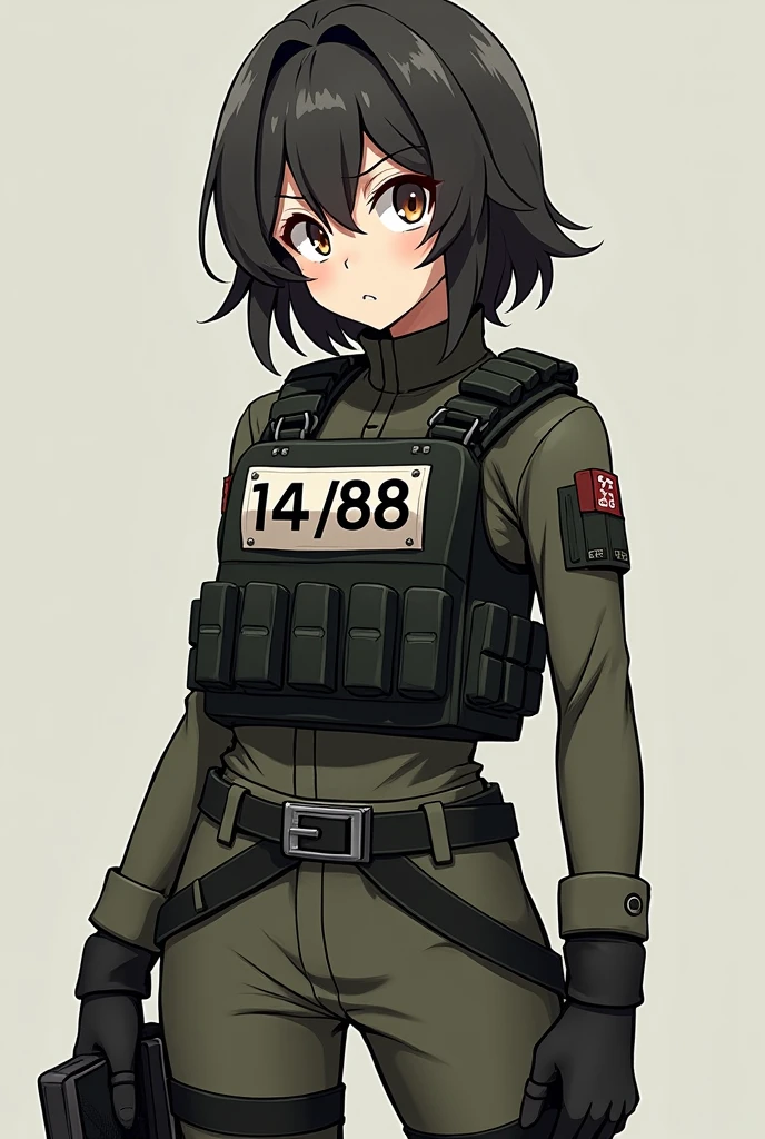 Anime girl militaire avec un patch 14/88 écrit en gros sur son gilet par balle