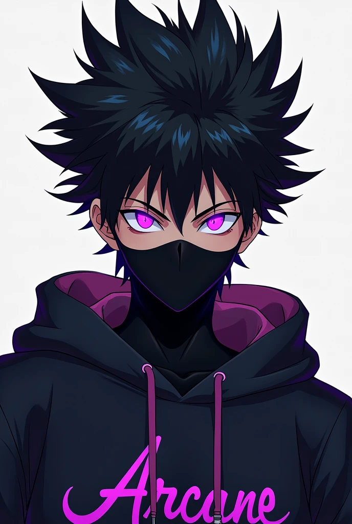 create for me a 2d anime character with black spiky hair , purple evil eyes illuminated , black mask covering the nose and mouth , he has a black sweatshirt that says arcane , emphasizing the evil in the look , but bringing a conflict between good and evil.