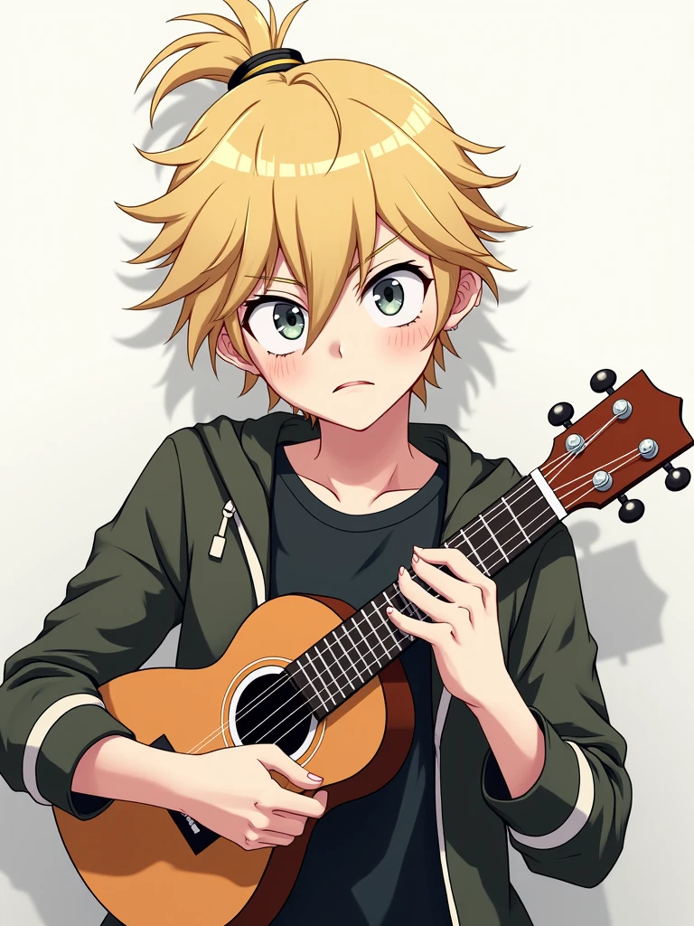 Anime man with blond hair pulled into a messy man-bun, grey eyes, pale skin, and a serious look on his face, holding up a ukulele, style of MHA
