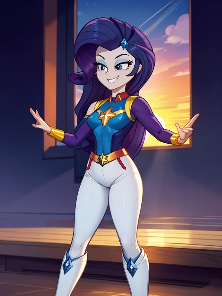 Rarity, by the wide, Luxurious hairstyle, With the Captain Marvel costume, white and blue suit, Elegant white boots, in the sky, superhero, headcheese, in all its height, happy, smile, Rhinestones and diamonds are everywhere.., magic, superhero pose, The flight of the blue ray, Best Quality, Very detailed, 8K quality, in all its height, Best Quality, Sunset, small head, woman body, Proportional body 