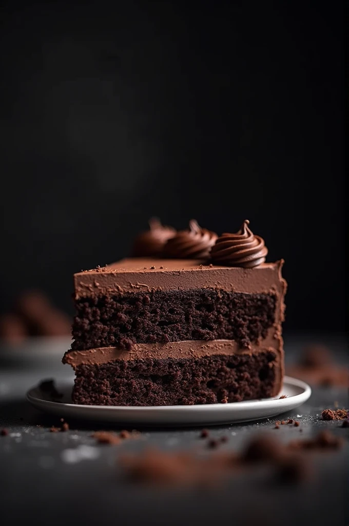 cinematic film still chocolate, chocolate cake, dark background, quality photo, moist texture, frosting, studio photo, slice . shallow depth of field, vignette, highly detailed, high budget, bokeh, cinemascope, moody, epic, gorgeous, film grain, grainy