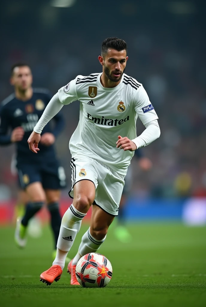 Stunning Rogerinho , short hair and is a Real Madrid player photo in 8k, in action, cinematic.