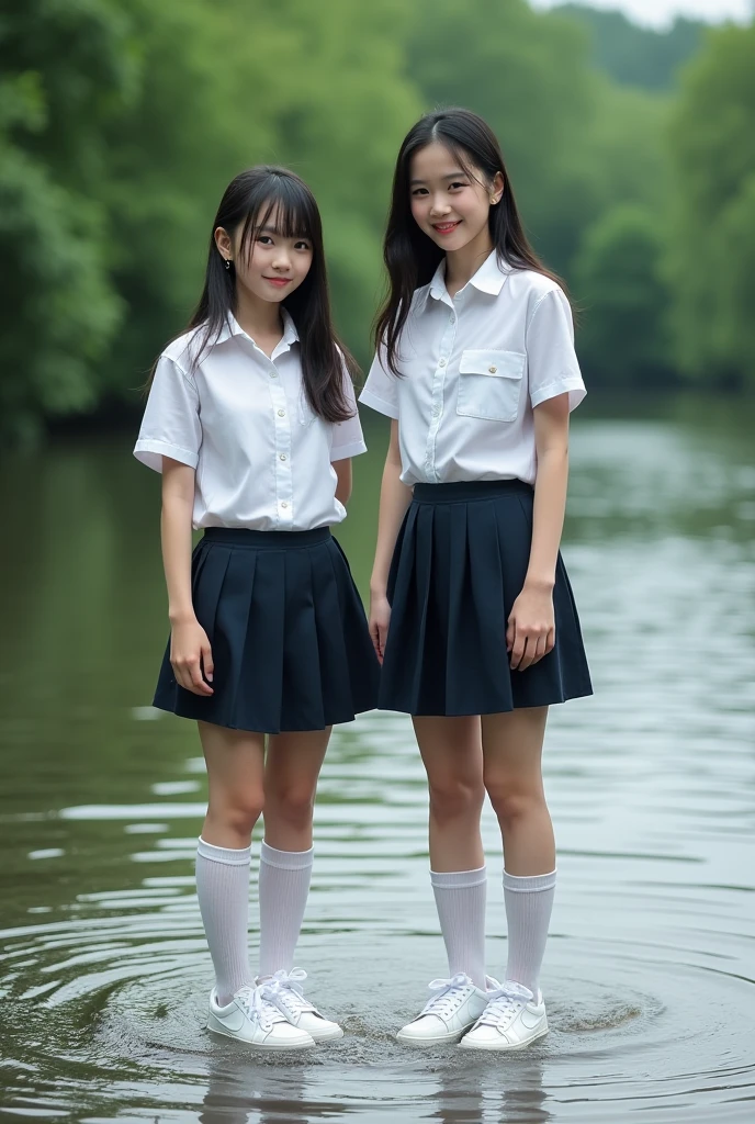 Two young women in school uniforms wearing knee-length white socks and nike air force 1 white sneakers are wading in a river. Their socks are fully drenched and soaked.It's two real people