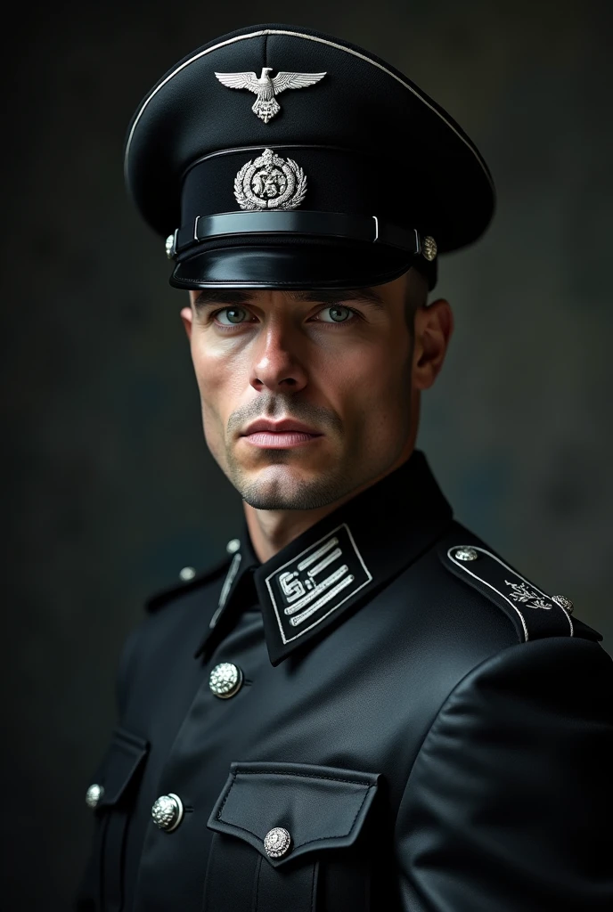 A German SS soldier officer, with the black leather uniform and a black leather hat. Chris Evans. ultra realistic hd image. fully body. DARK Photography. second World War 