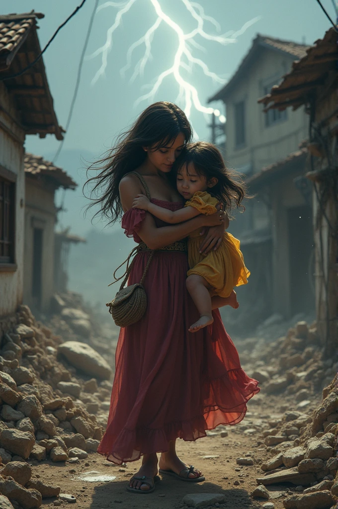 mother and daughter live in a village and suddenly an earthquake occurs with lightning, the house collapses and is damaged