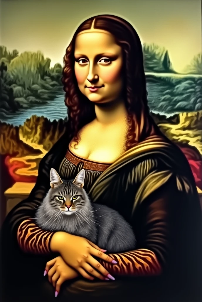 Mona Lisa, with long haired gray tabby cat, black and brown on the lap