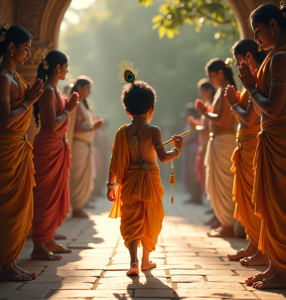 

"A vibrant 3D scene of a young Kawariya boy on his pilgrimage to Devghar. He is dressed in traditional saffron attire with a simple, sleeveless shirt and dhoti. The boy is carrying a decorated bamboo pole with water-filled pots (kanwars) balanced on his shoulders. He walks barefoot along a dusty road lined with lush green trees, with the sun rising behind him. The road is adorned with colorful flags and offerings from villagers, who can be seen in the background, offering him water and fruits. The boy's face is filled with determination and devotion as he heads towards the sacred destination."

This detailed description should help create an accurate and vivid 3D image of the scene.