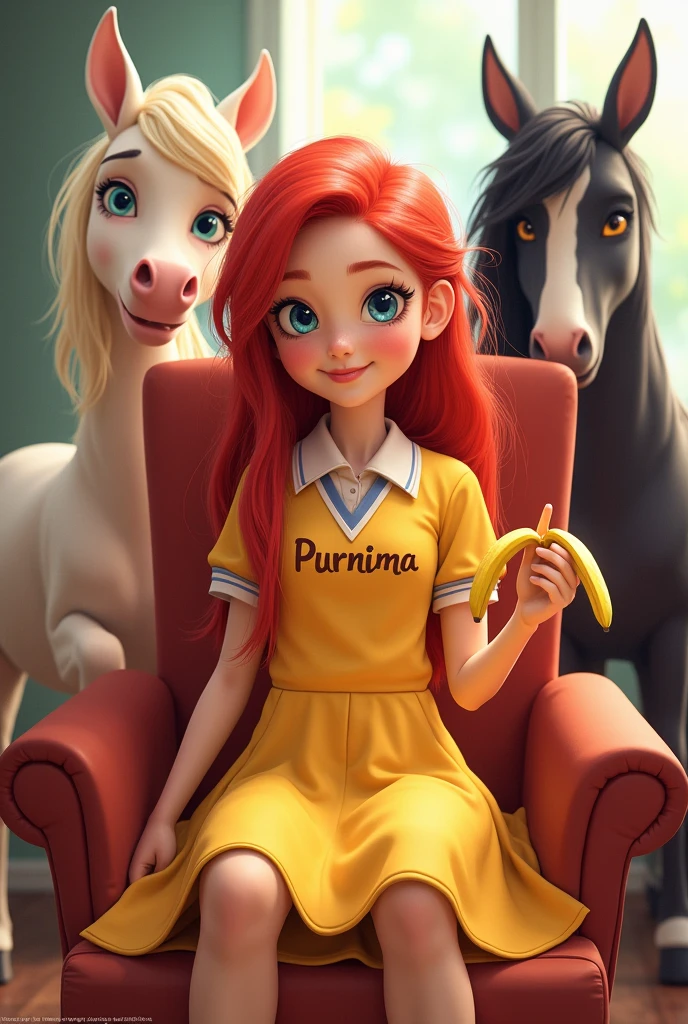 Five years A baby girl siting on chair with long red hair with two poney with bright blue eyes on long yellow school Unform with the name purnima on her dress having banana which is peal