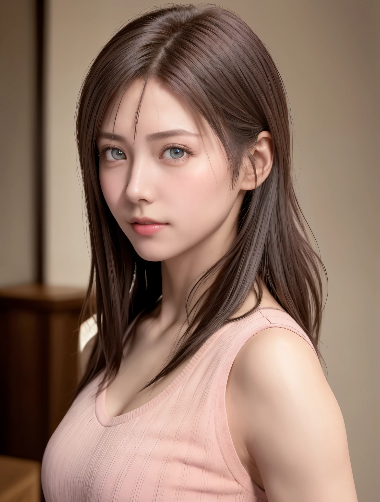 8K, Best Quality, masutepiece, Ultra High Resolution, (Realism: 1.4), Original photo, (Realistic skin texture: 1.3), (Film grain: 1.3), (Selfie angle), 1 girl, Pink clothes, Sapphire colored eyes and beautiful facial details, masutepiece, Best Quality, close-up, Upper body top quality image quality pull-up
