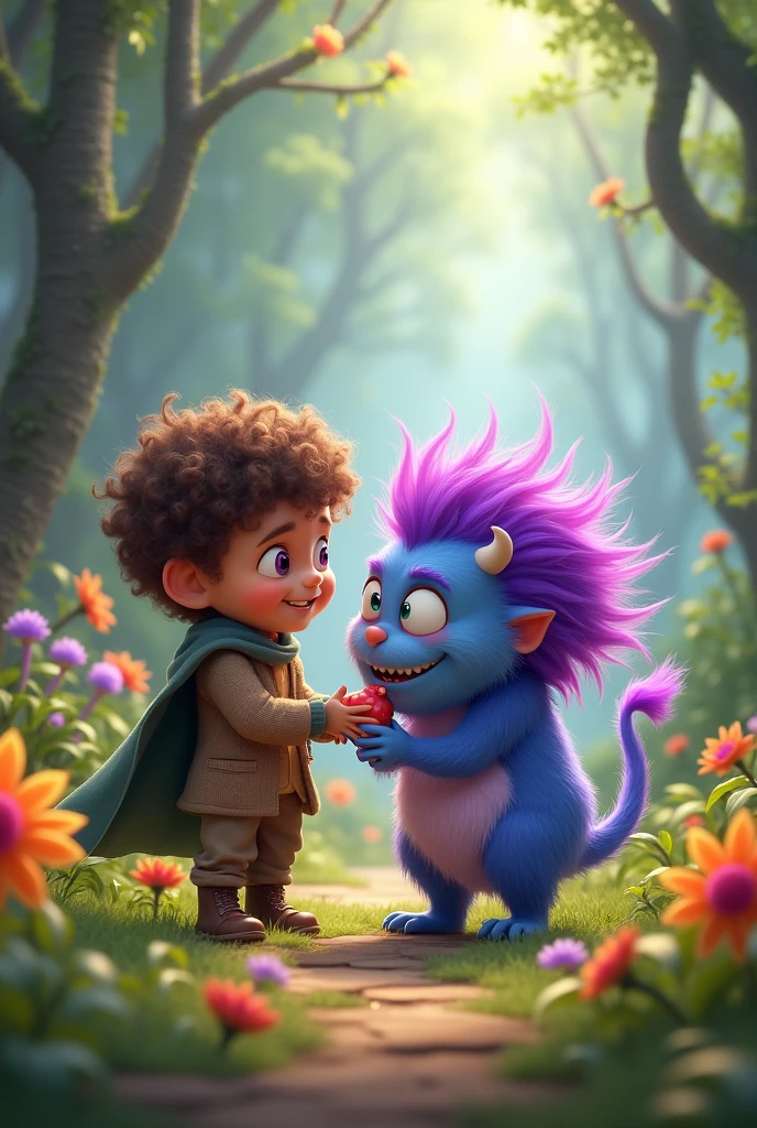 The hero is nice to the cute little monster with purple hair