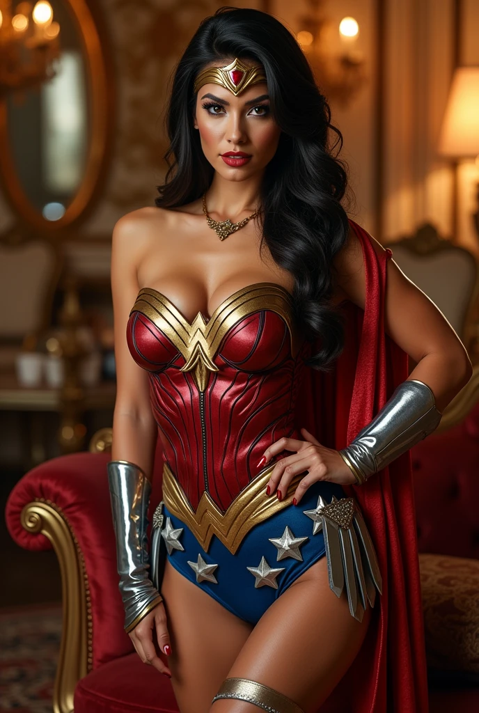 Photoshoot of the beautiful Wonder Woman model posing in a studio full of luxurious decorations, looking very sexy.
