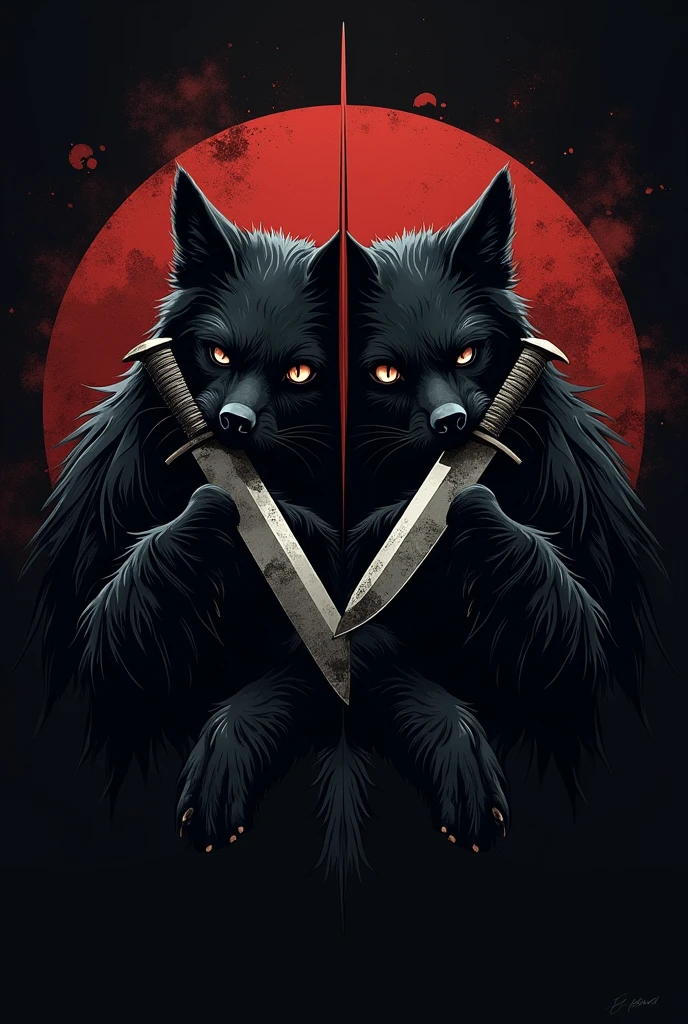 An emblem tipe, with a black cat, and a Black dog, holding a Knife in their mouth,